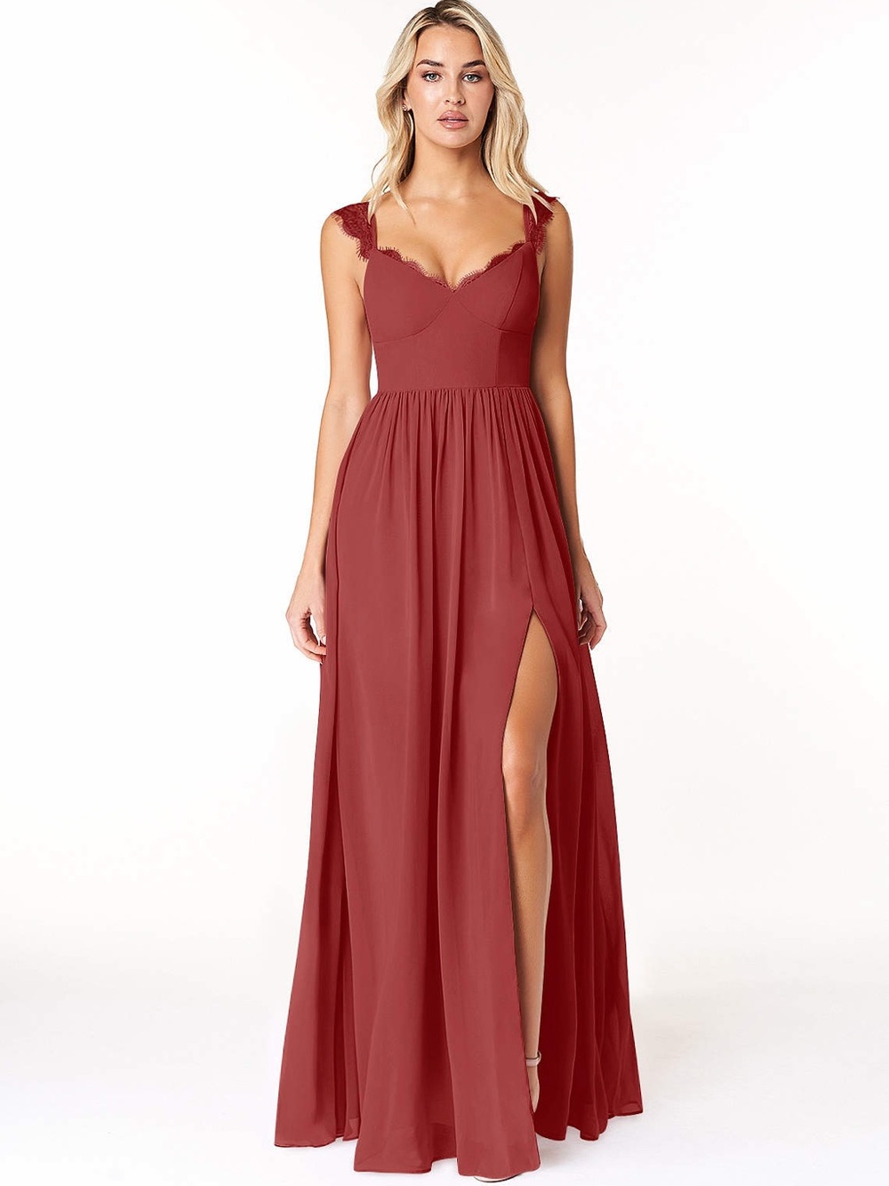 Azazie Rust Red Lace-Trim Maxi Dress with High Slit, brand new with tags